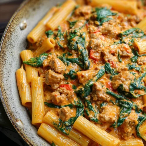 Creamy sausage rigatoni with spinach and tomato cream sauce served in a bowl