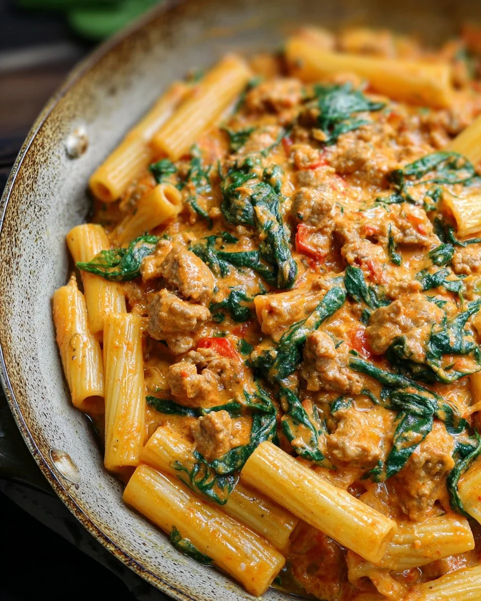 Creamy sausage rigatoni with spinach and tomato cream sauce served in a bowl