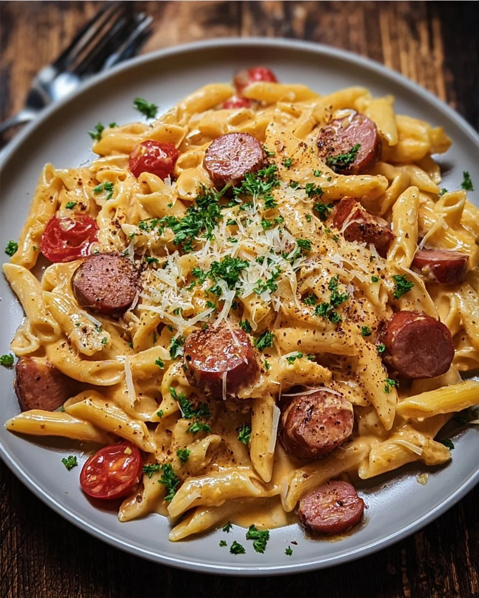 Creamy Smoked Sausage Pasta - A Rich & Flavorful Comfort Dish 1 Creamy smoked sausage pasta dish with rich sauce and fresh ingredients