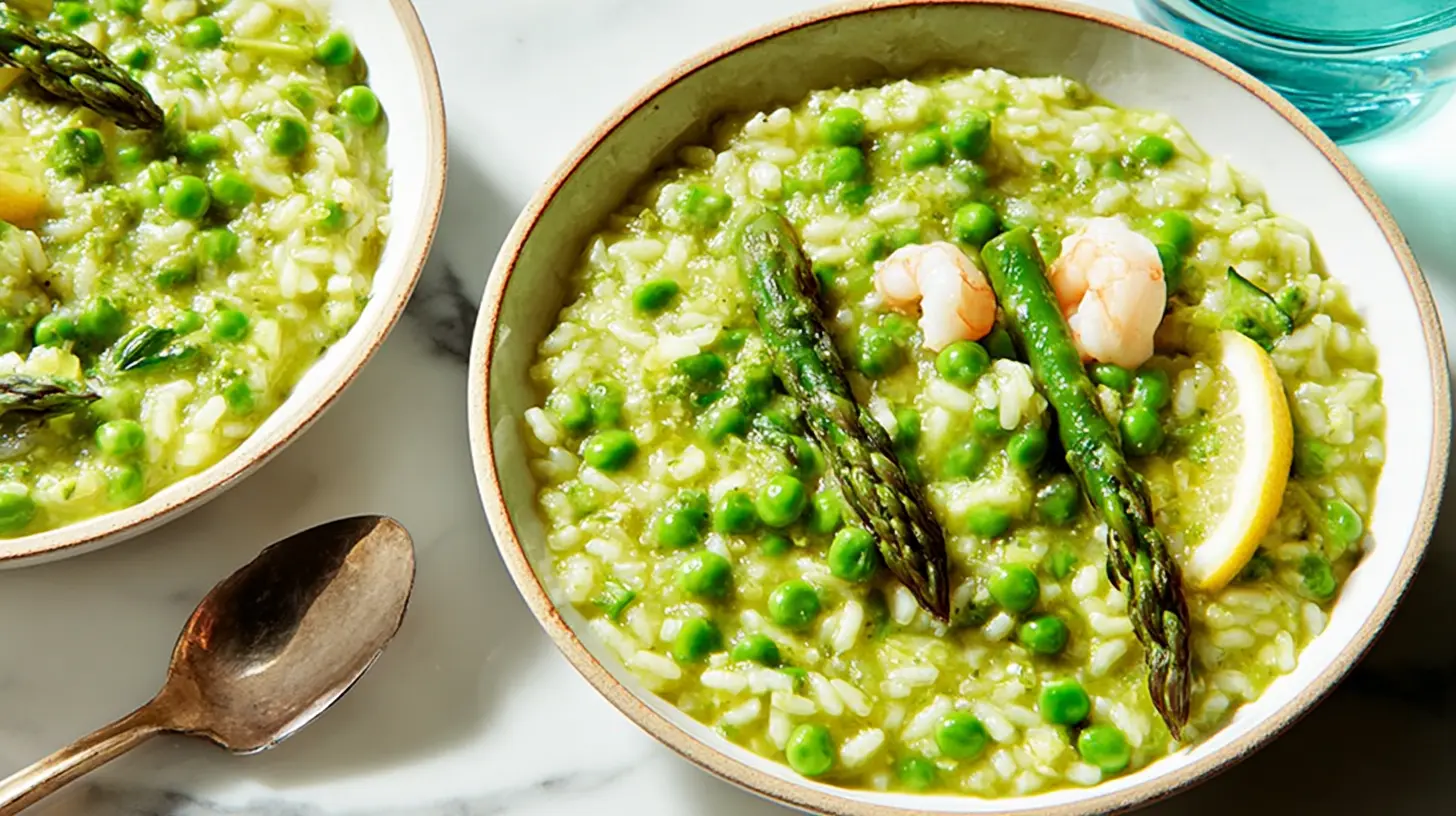 Creamy spring risotto served in a white dish, rich with seasonal produce.