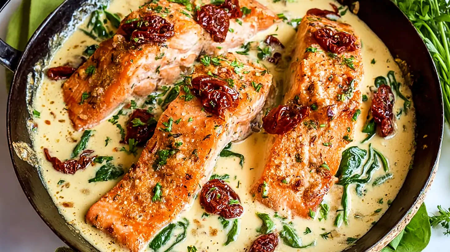Tuscan Salmon: 6 Secrets for Flavor 1 Two portions of Tuscan salmon on plates, garnished with fresh basil and herbs.
