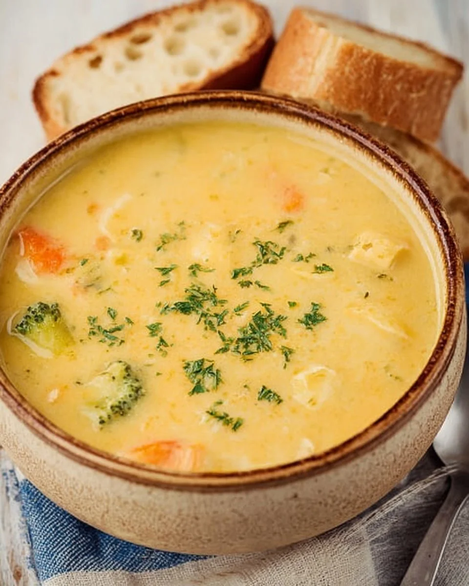 A bowl of creamy vegetable soup, rich and delicious, garnished with herbs.