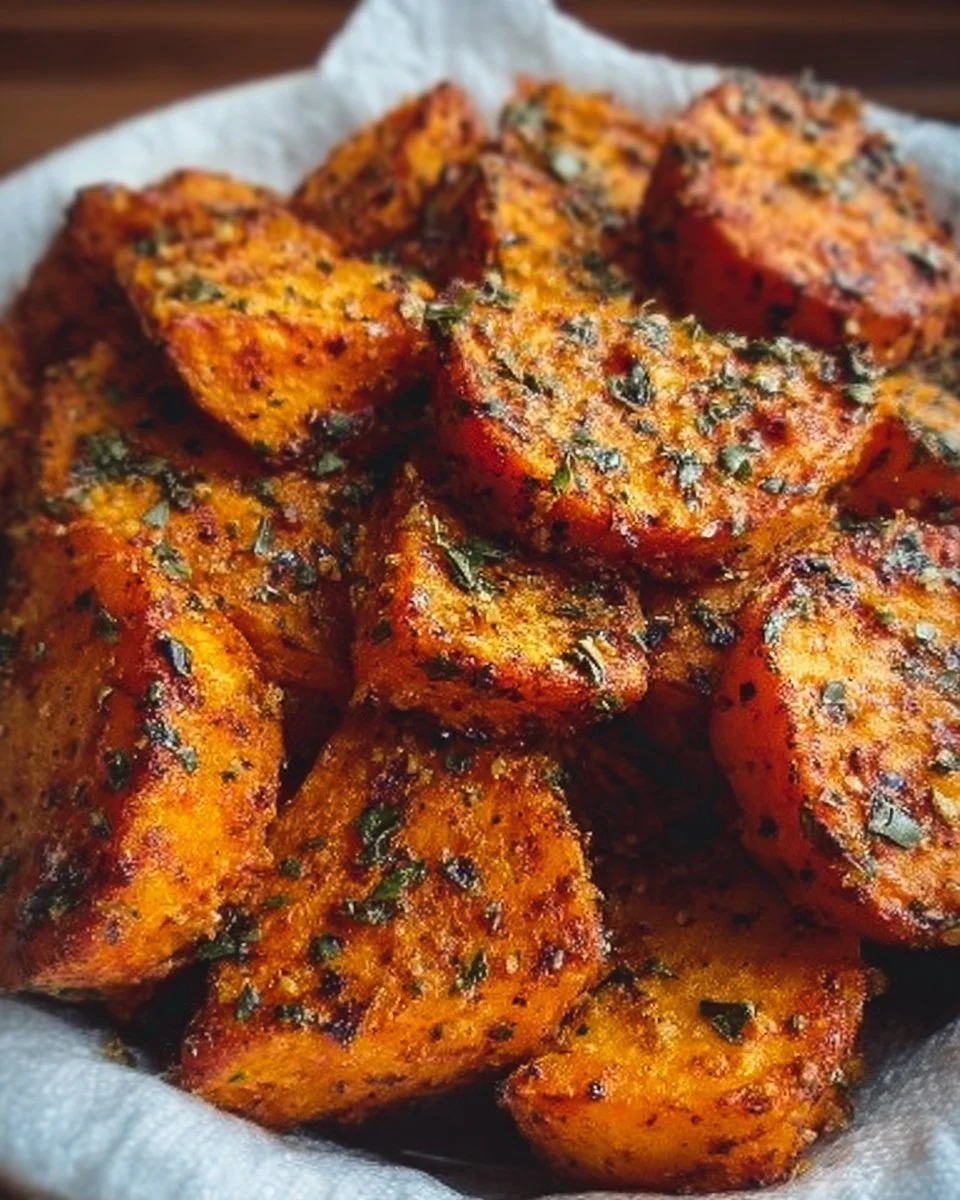 Crispy air fryer sweet potatoes served on a plate