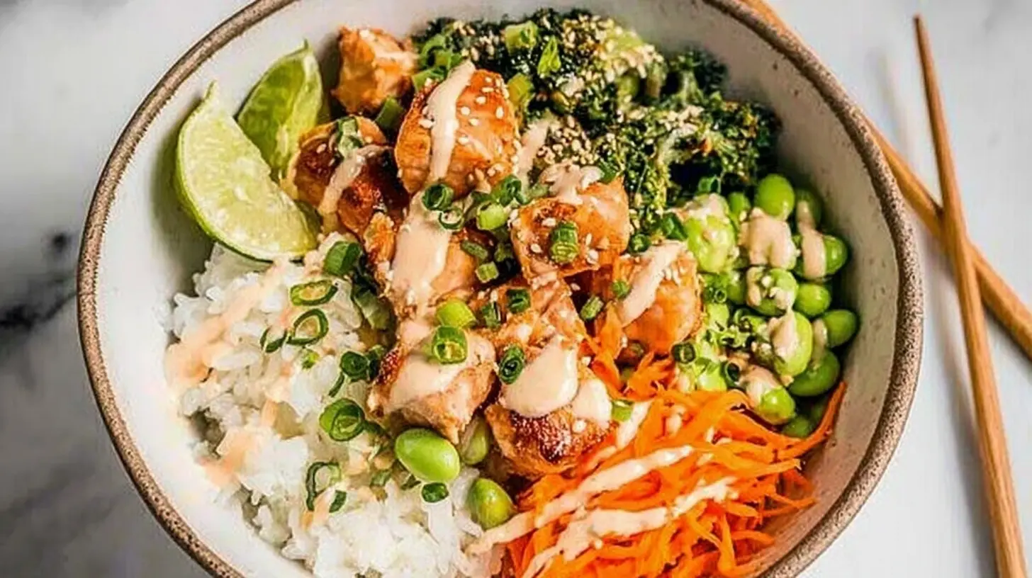 A vibrant crispy salmon rice bowl served with fresh vegetables and sauce.