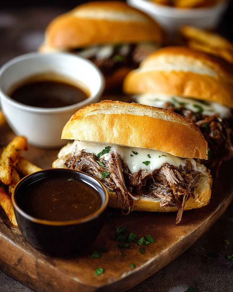 Crock Pot French Dip Sandwiches with juicy meat and melted cheese