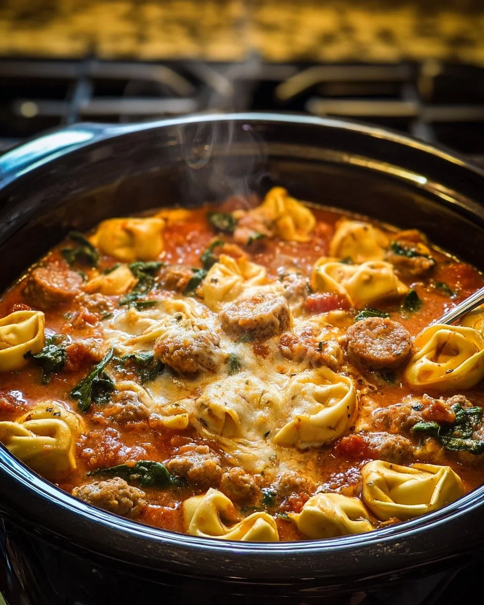 Creamy Crockpot Cheese Tortellini with Sausage served in a bowl