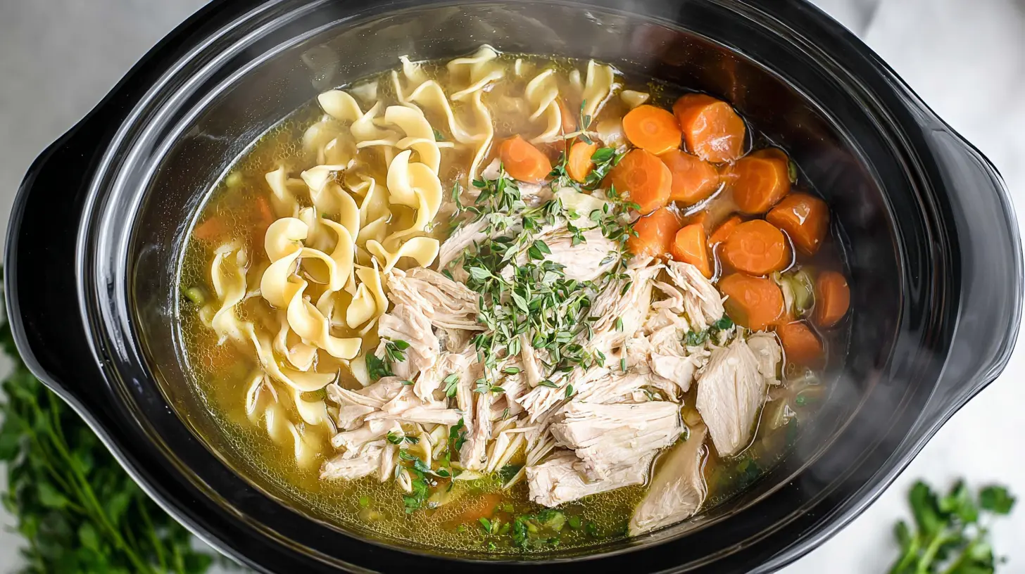 A steaming bowl of Crockpot Chicken Noodle Soup garnished with fresh parsley.