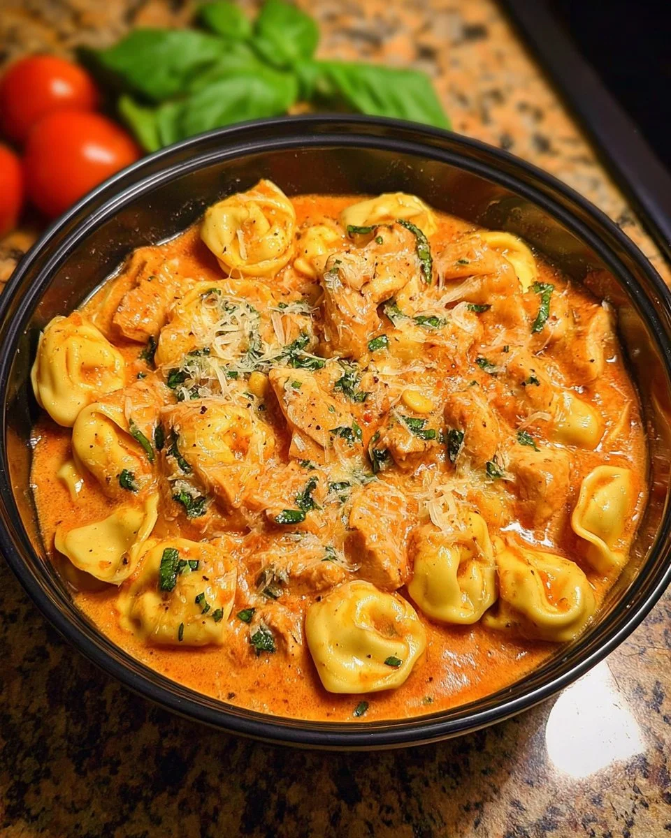 CrockPot Chicken Tortellini in a bowl garnished with herbs