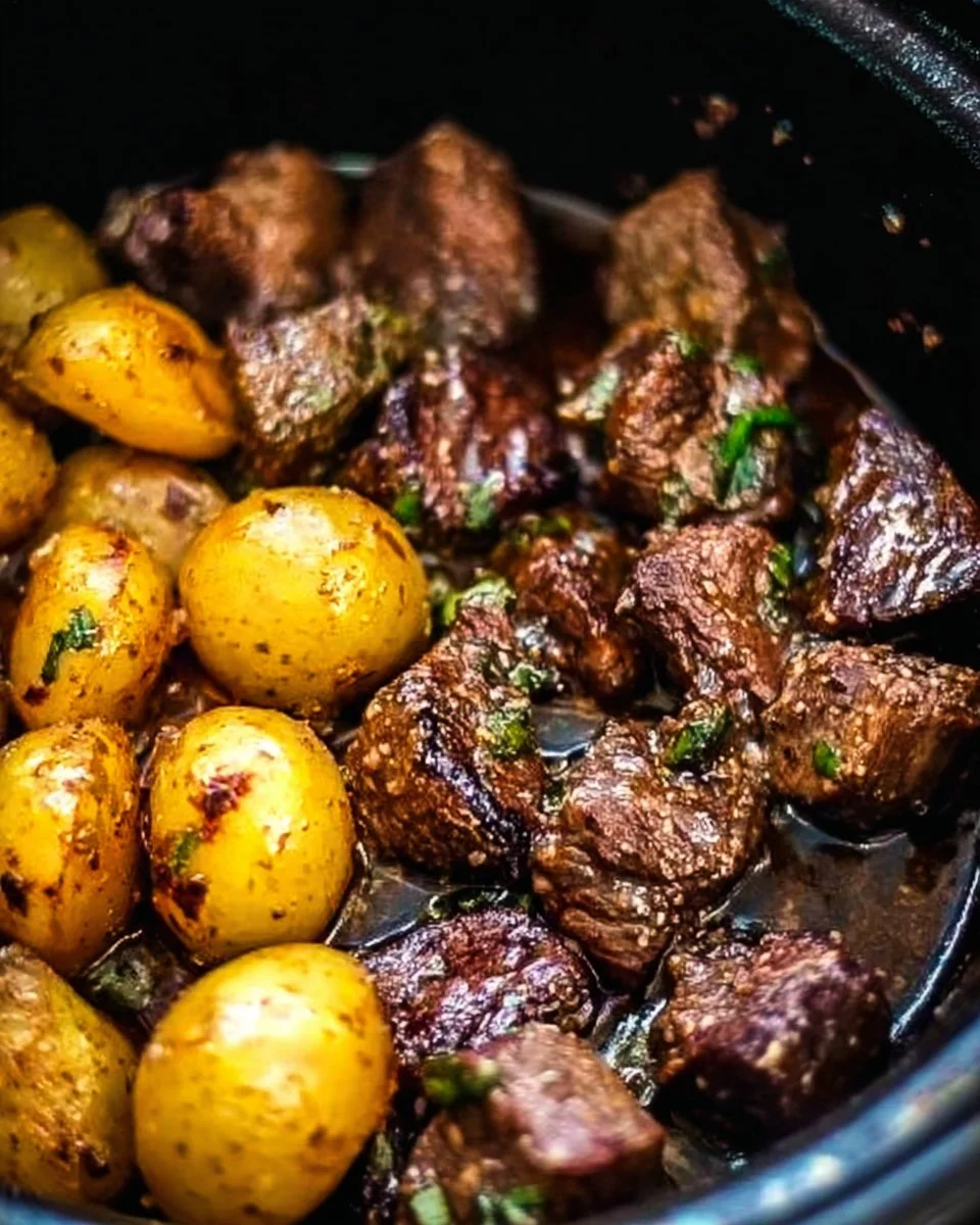 Crockpot Garlic Butter Beef Bites with Potatoes 1 Crockpot garlic butter beef bites with tender potatoes served on a plate.