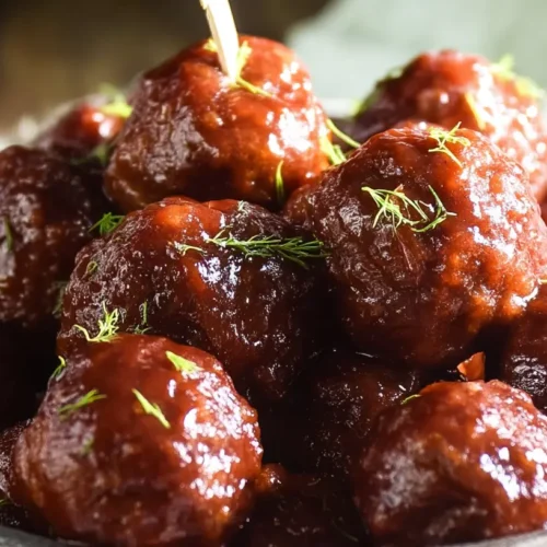 A bowl of delicious crockpot meatballs covered in sauce and garnished with fresh herbs.
