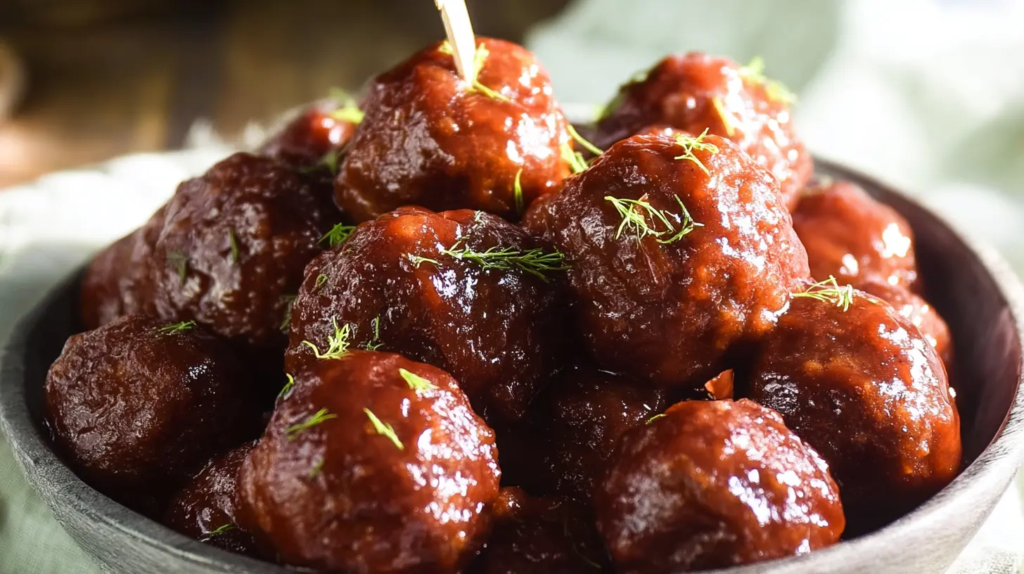A bowl of delicious crockpot meatballs covered in sauce and garnished with fresh herbs.