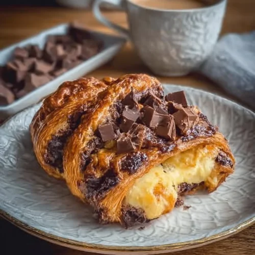Decadent chocolate croissant breakfast bake topped with chocolate and powdered sugar.