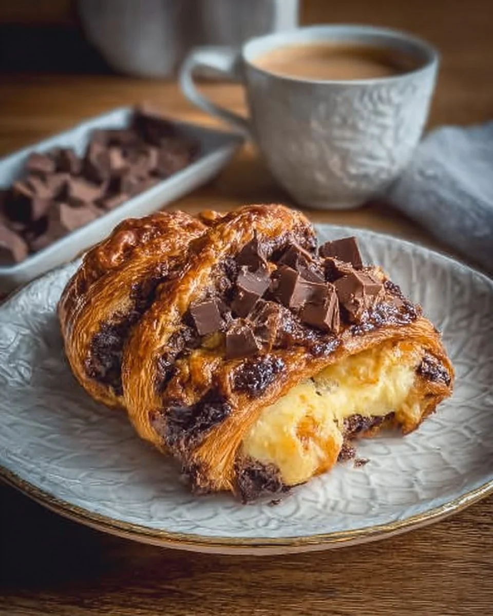 Decadent chocolate croissant breakfast bake topped with chocolate and powdered sugar.