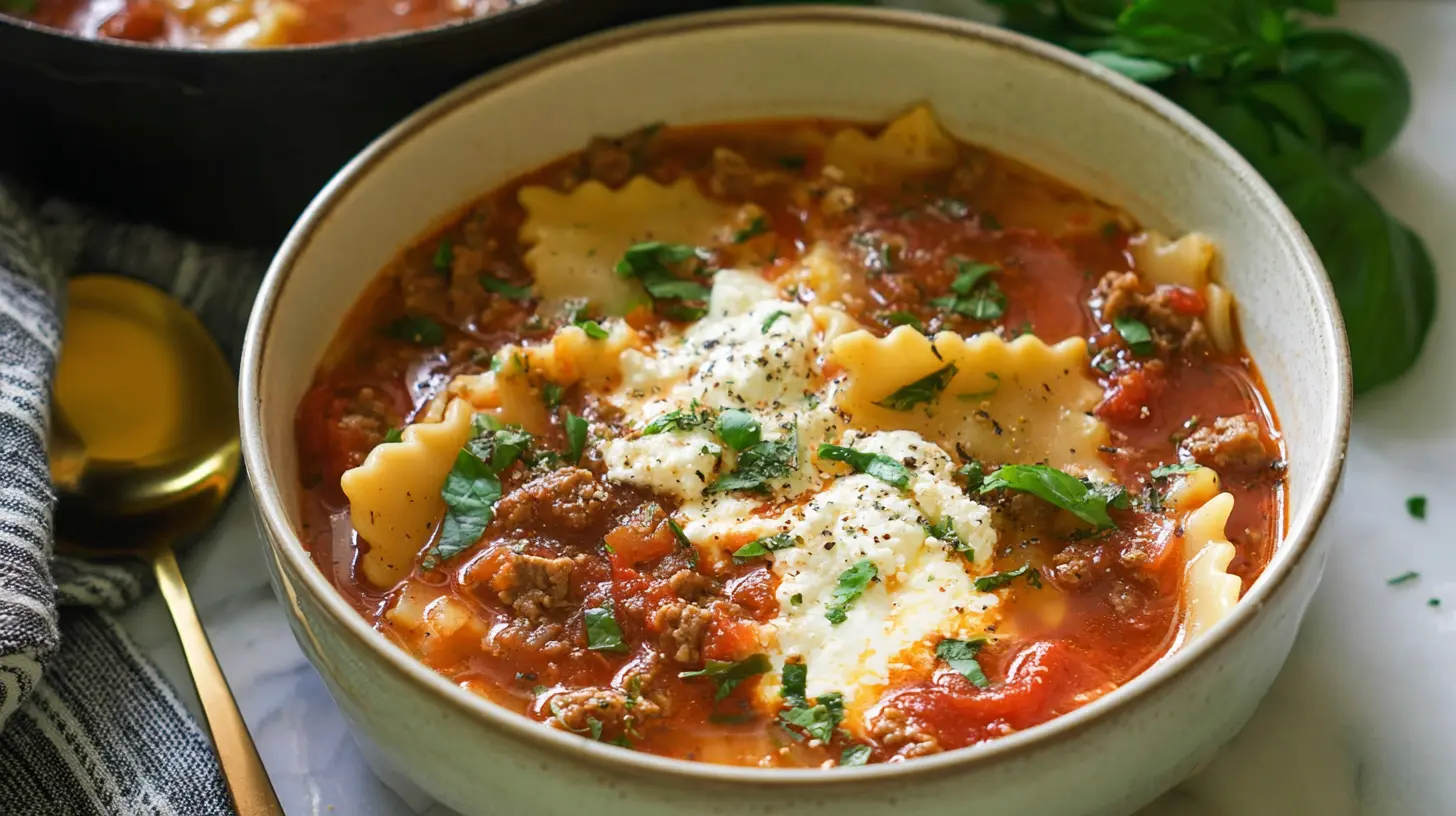 Delicious lasagna soup garnished with fresh basil leaves.