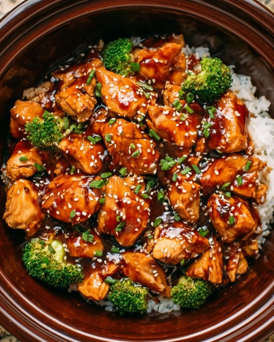 Dump and Go Crockpot Teriyaki Chicken 1 Dump and Go Crockpot Teriyaki Chicken served in a bowl with rice and vegetables.