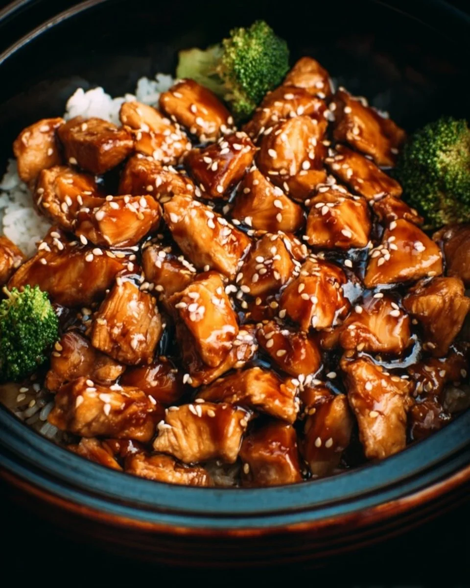 Slow cooker teriyaki chicken recipe in a crockpot with fresh vegetables.