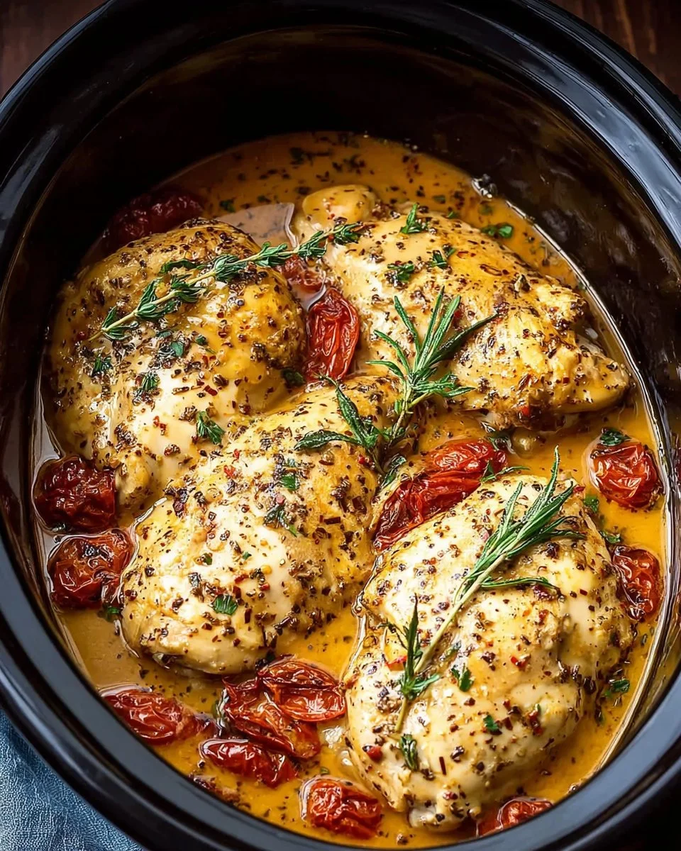 Dump & Go Crockpot Marry Me Chicken 1 Delicious Dump & Go Crockpot Marry Me Chicken in a creamy sauce.