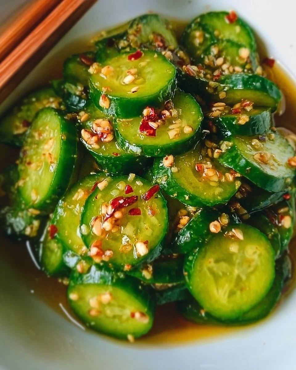 Freshly prepared easy Asian cucumber salad in a bowl