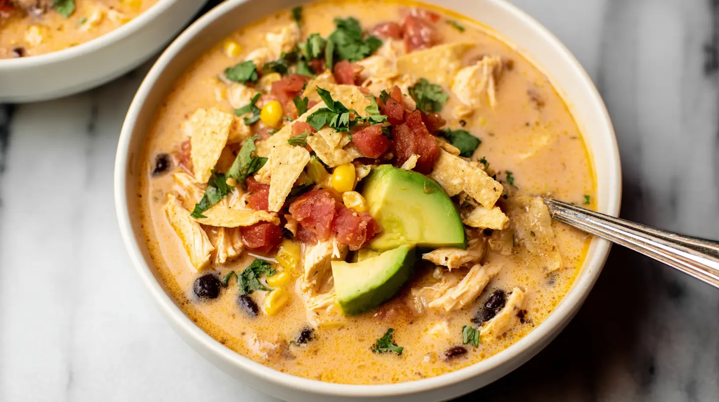Chicken Taco Soup: 1 Simple Trick for Flavor 1 Close-up of a comforting chicken taco soup garnished with avocado and lime.