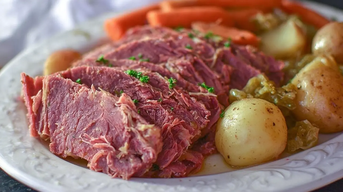 Corned Beef Recipes Slow Cooker: Your 2 New Favorites 1 Close-up of a perfectly cooked corned beef recipe from a slow cooker, sliced and garnished for presentation.