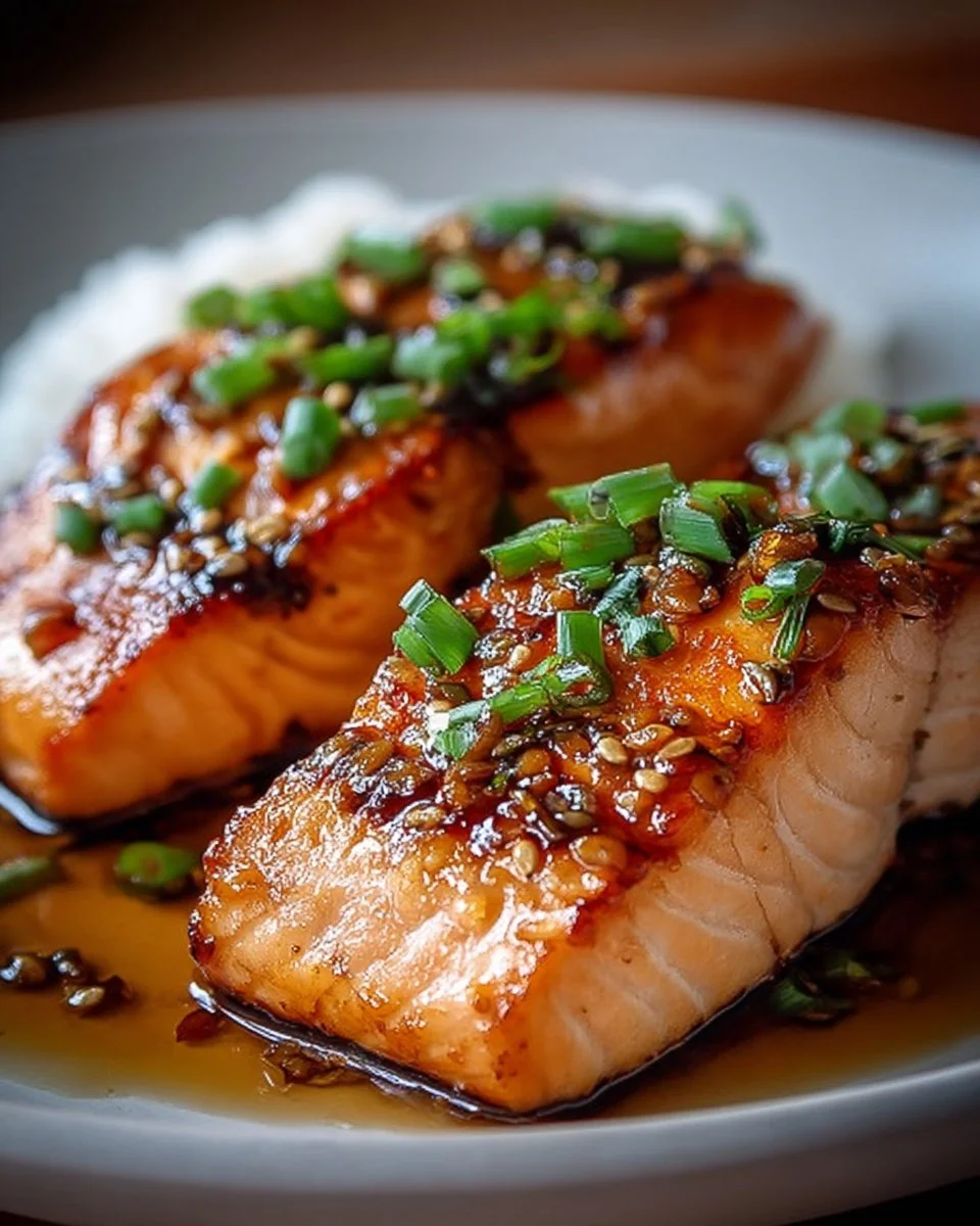 Delicious honey garlic glazed salmon on a plate, garnished with herbs