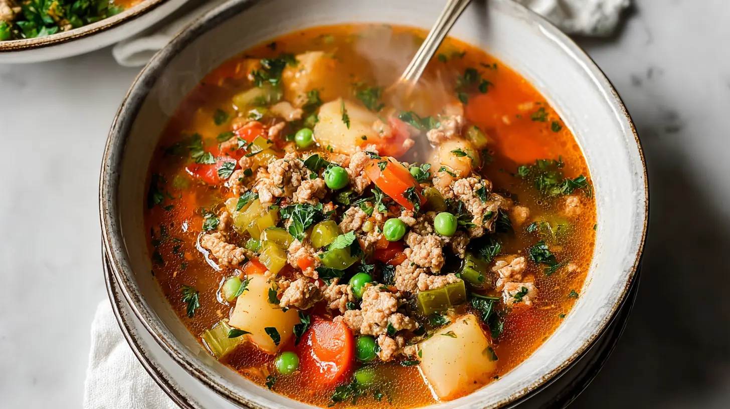 Ground Turkey Soup: Why You Need 1 Big Pot 1 Warm ground turkey soup garnished with fresh parsley on a wooden table.