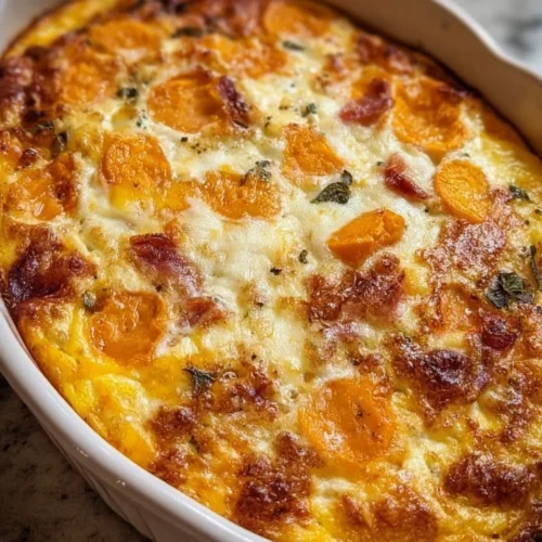 Easy sweet potato egg casserole topped with marshmallows and pecans.