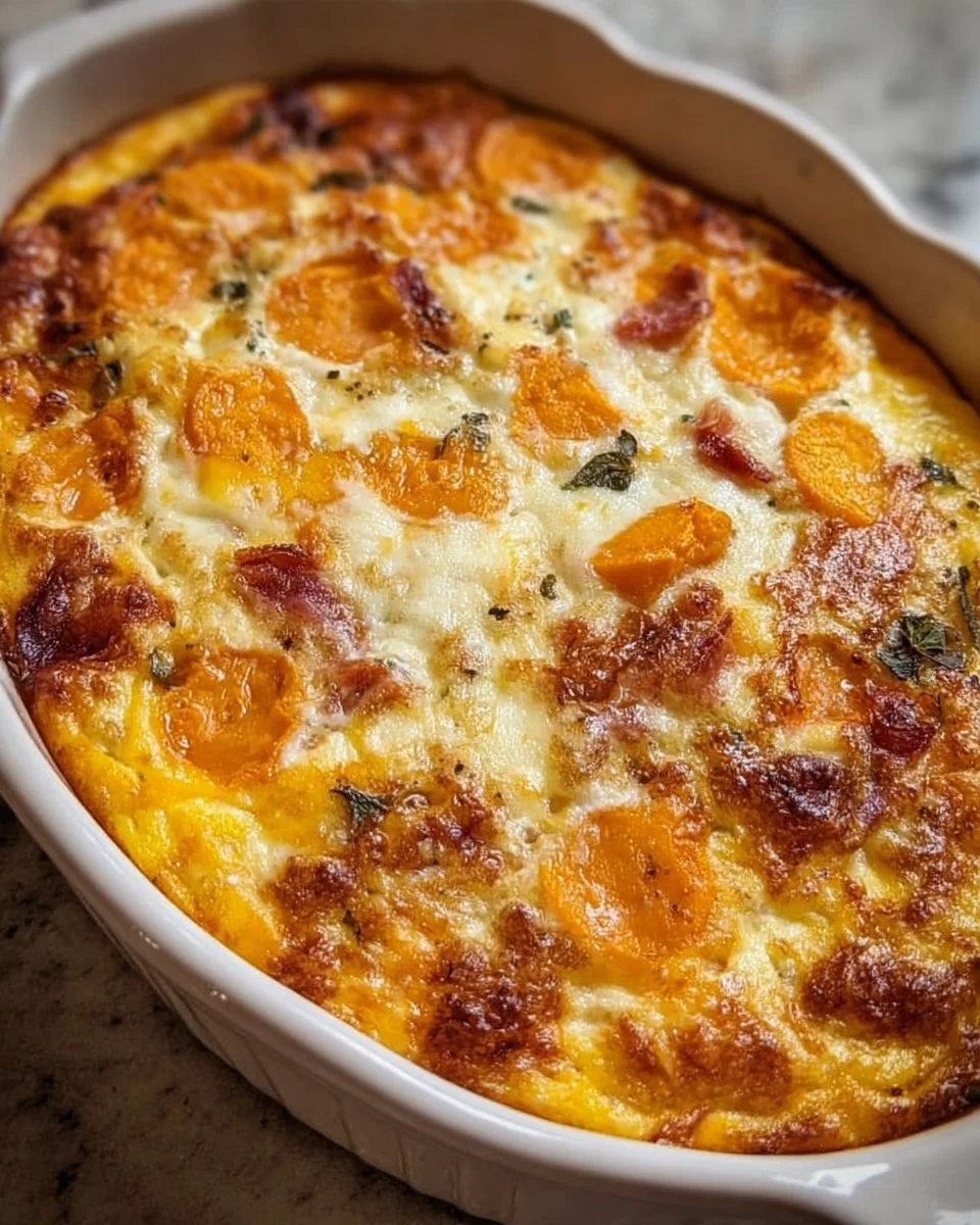 Easy sweet potato egg casserole topped with marshmallows and pecans.