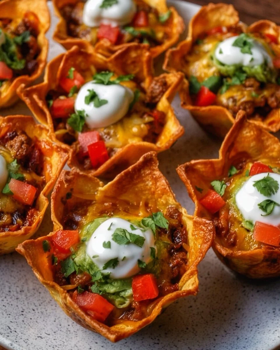 Easy Taco Cups 1 Easy taco cups served on a platter, ready for a delicious snack or party appetizer.