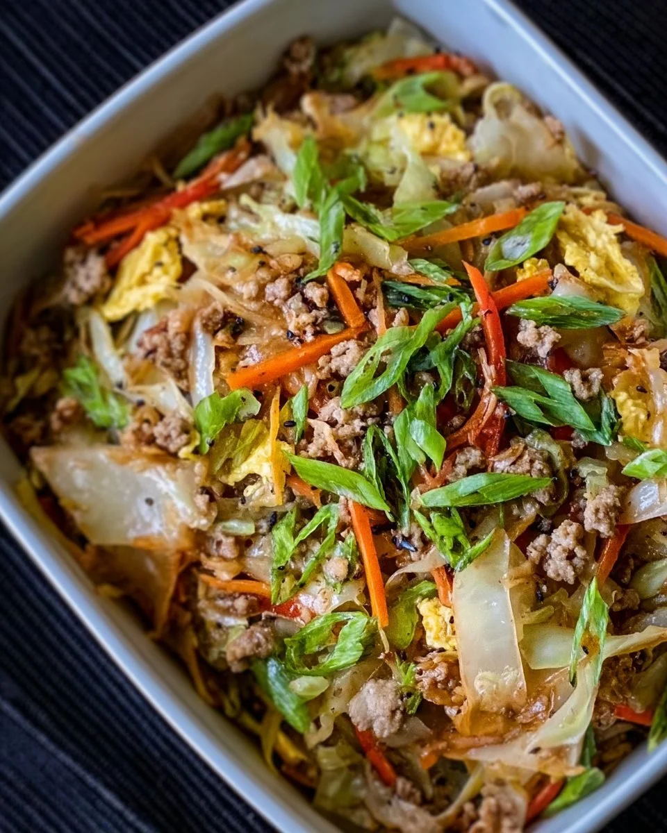 Egg Roll in a Bowl Recipe 1 Delicious egg roll in a bowl recipe with colorful vegetables and savory meat