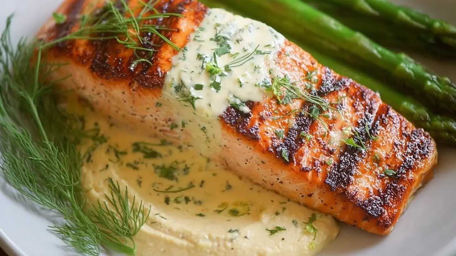 Grilled Salmon with Luxurious Creamy Dijon: 5 Tips 1 Succulent grilled salmon topped generously with rich creamy Dijon.