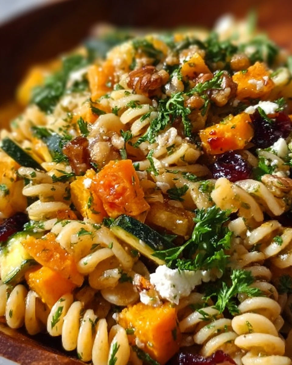 Fall Harvest Pasta Salad with seasonal vegetables and dressing