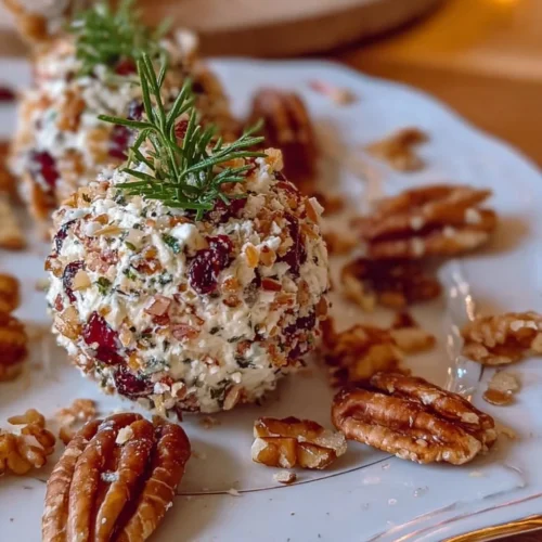 Festive Cheese Ball 2 A beautifully crafted festive cheese ball served with crackers and fresh herbs.