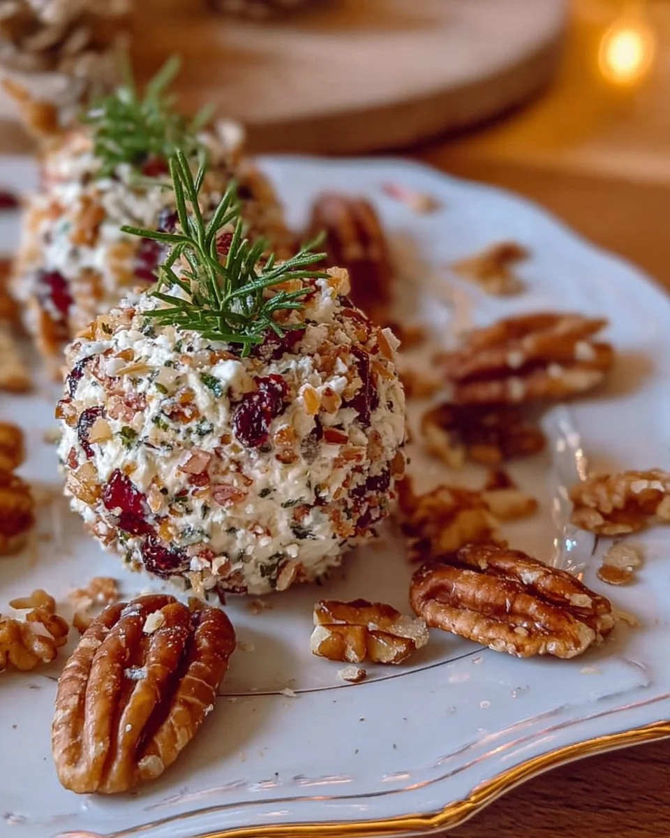A beautifully crafted festive cheese ball served with crackers and fresh herbs.
