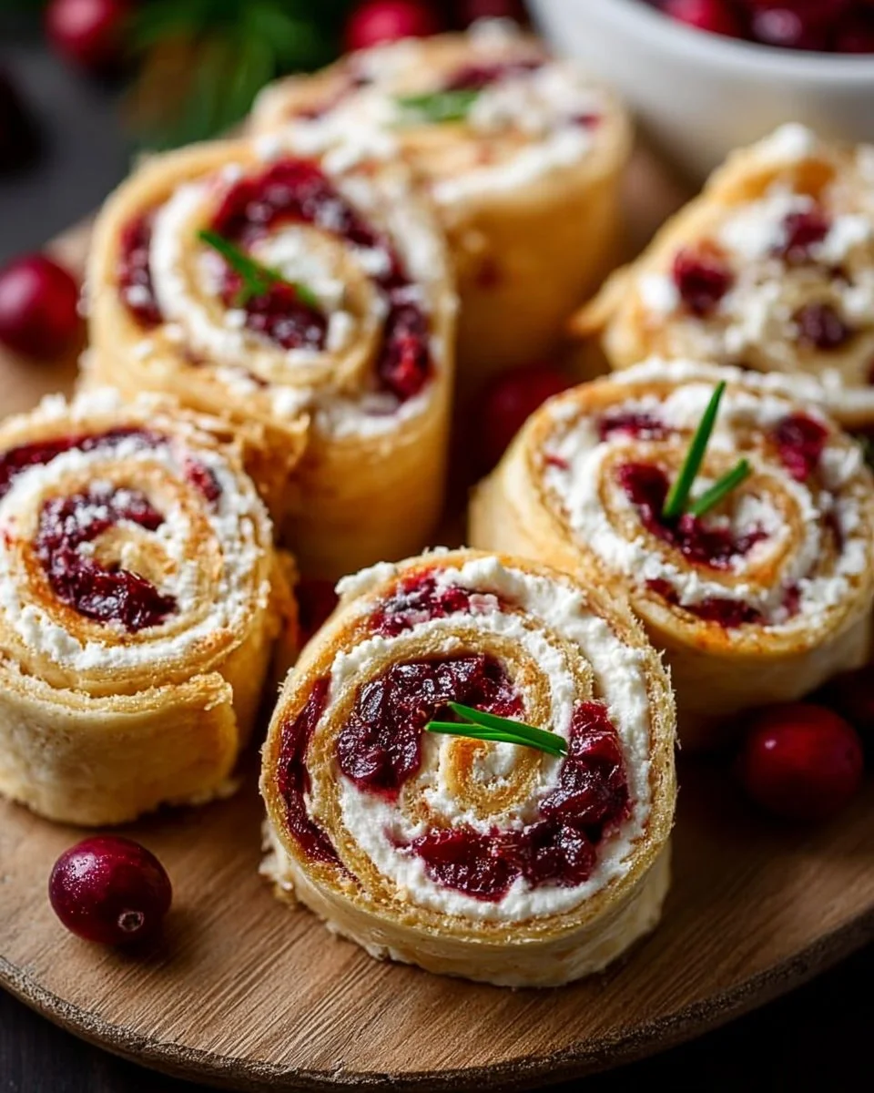 Festive Christmas Cranberry Roll Ups 1 Festive Christmas Cranberry Roll Ups served on a holiday platter