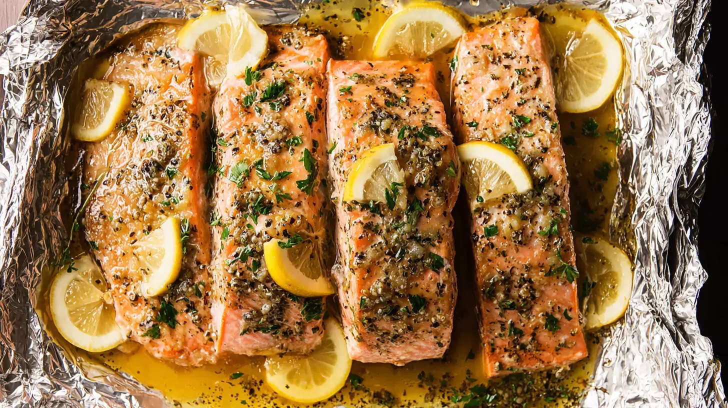 Close-up of flaky baked salmon with lemon slices and garlic butter.