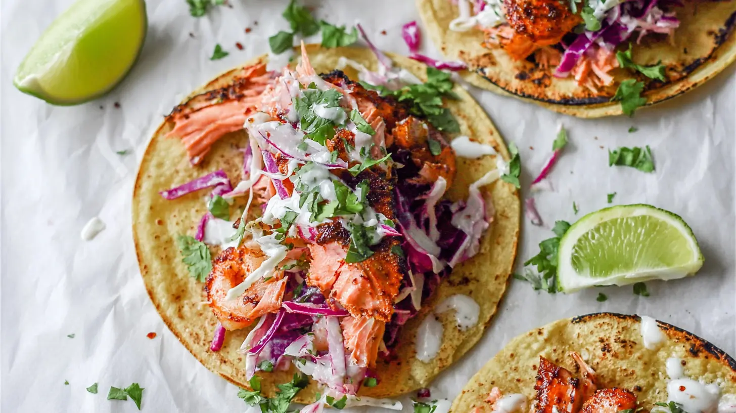 A plate of fresh salmon tacos garnished with lime and cilantro.