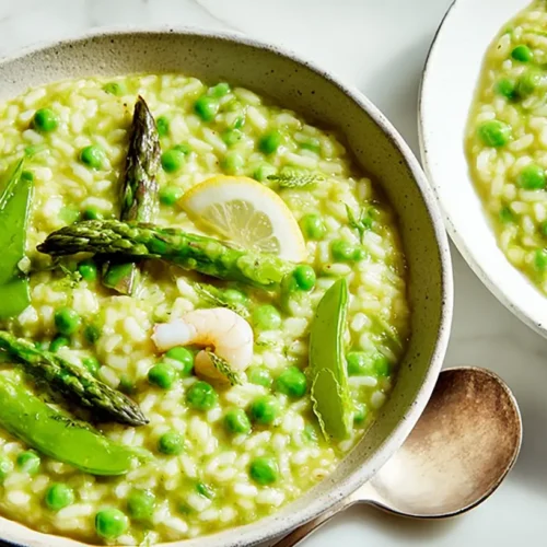 A bowl of fresh spring risotto garnished with green herbs and vegetables.