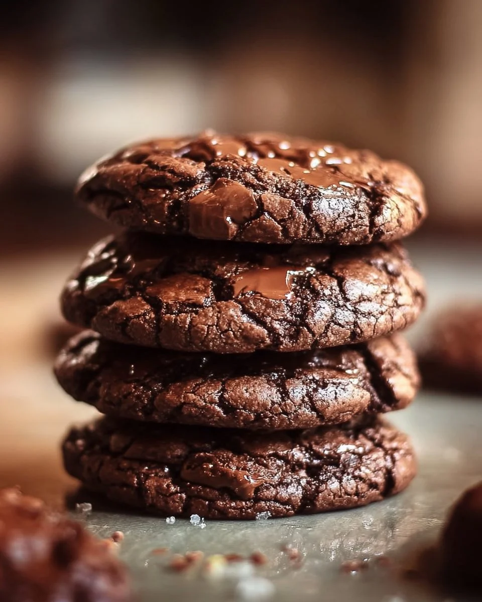Fudgy Brownie Cookies 1 Delicious fudgy brownie cookies on a rustic wooden table.