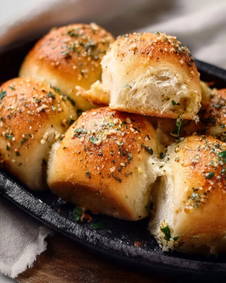 Homemade garlic bread rolls with melted butter and herbs