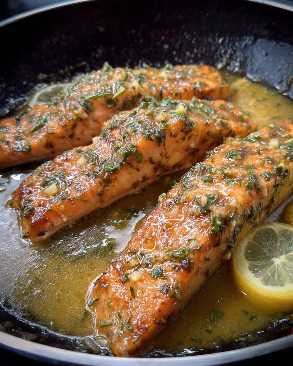 Garlic Butter Salmon 1 Delicious Garlic Butter Salmon served with herbs and lemon wedge