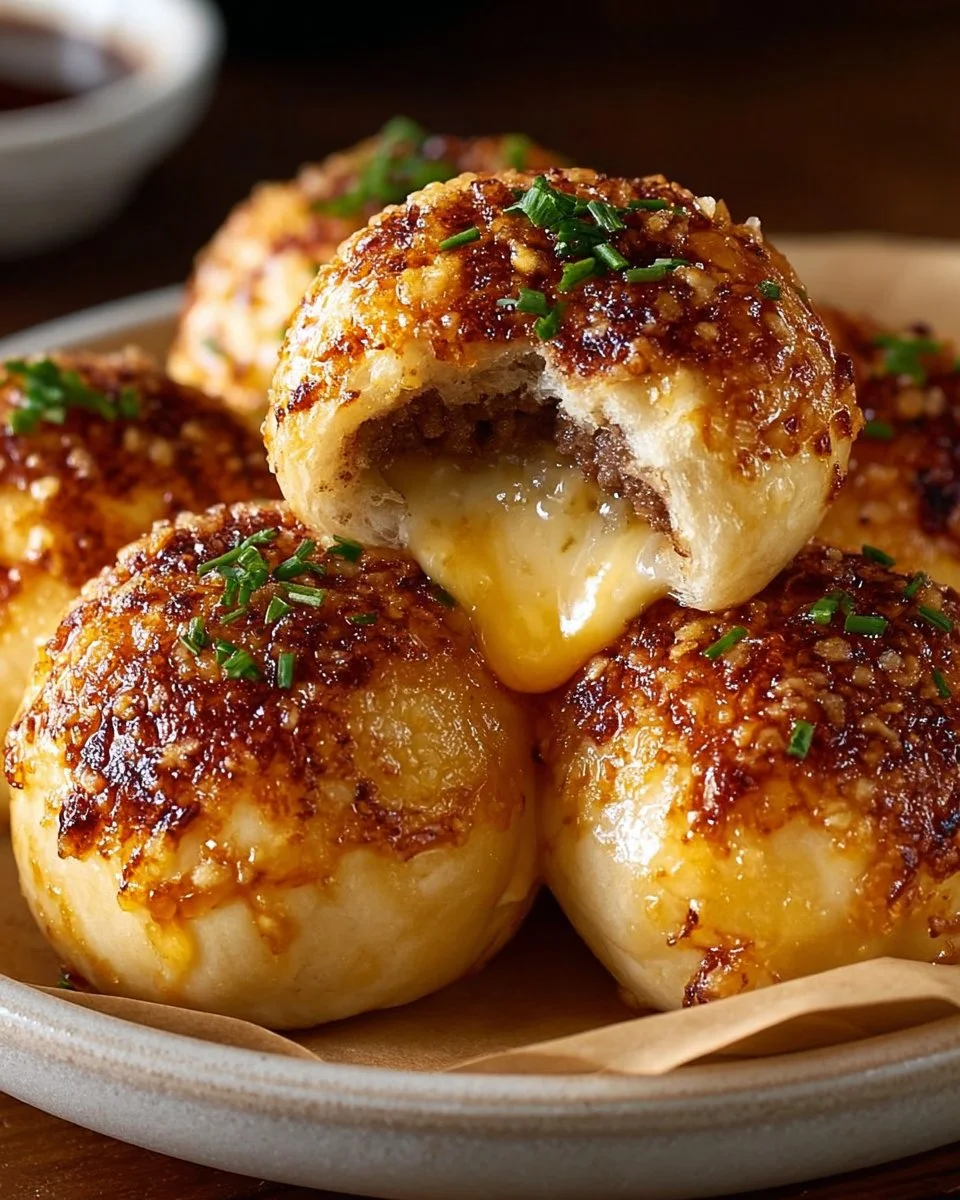 Garlic Parmesan Cheeseburger Bombs Recipe 1 Garlic Parmesan Cheeseburger Bombs with melted cheese and savory garlic sauce