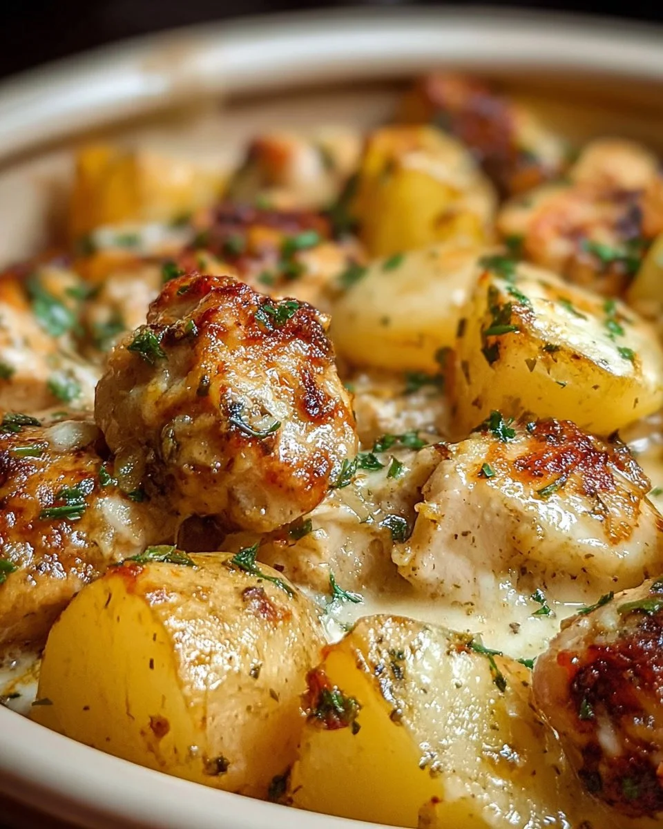 Delicious Garlic Parmesan Crockpot Chicken served with potatoes