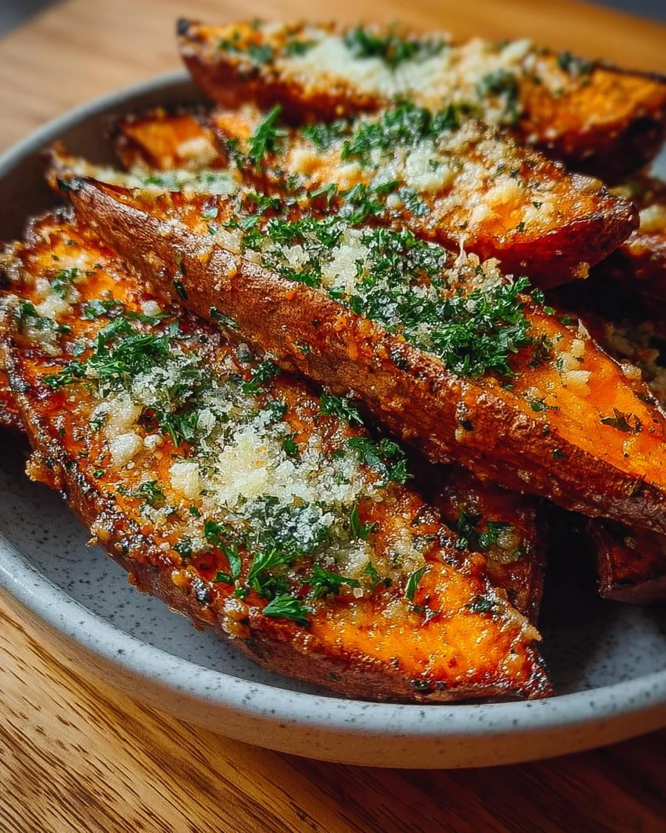 Garlic Parmesan Sweet Potato Wedges 1 Crispy Garlic Parmesan Sweet Potato Wedges served in a bowl