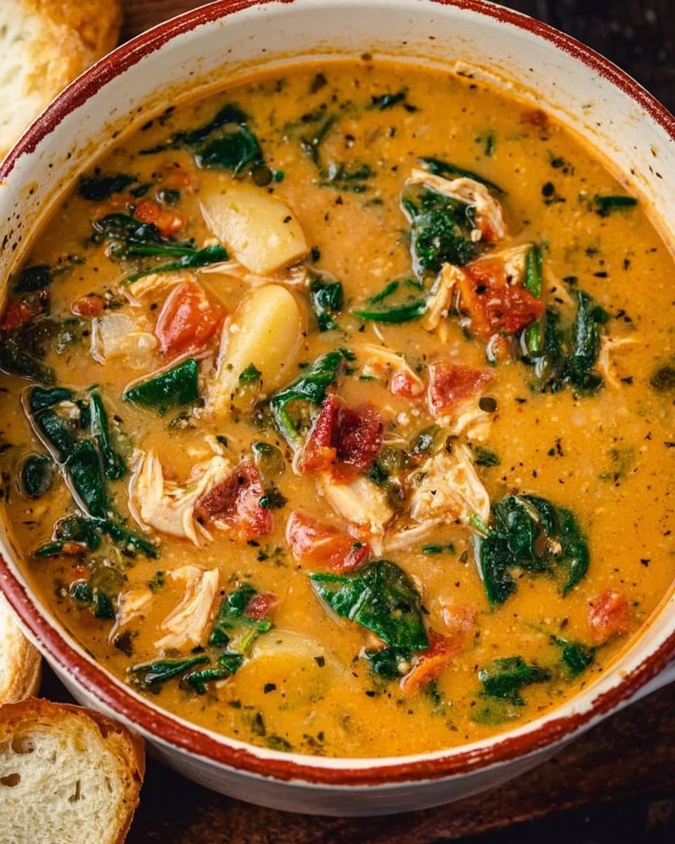 Get ready to fall in love with this Marry Me Tuscan Chicken Soup recipe! This comforting dish brings together tender... 1 Bowl of delicious Marry Me Tuscan Chicken Soup with fresh herbs and chicken