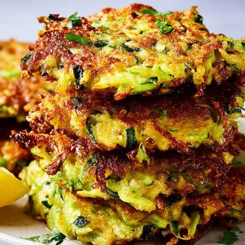 Zucchini Fritters: Why 1 Million People Love Them 2 A stack of golden-brown zucchini fritters on a white plate, garnished with fresh dill.