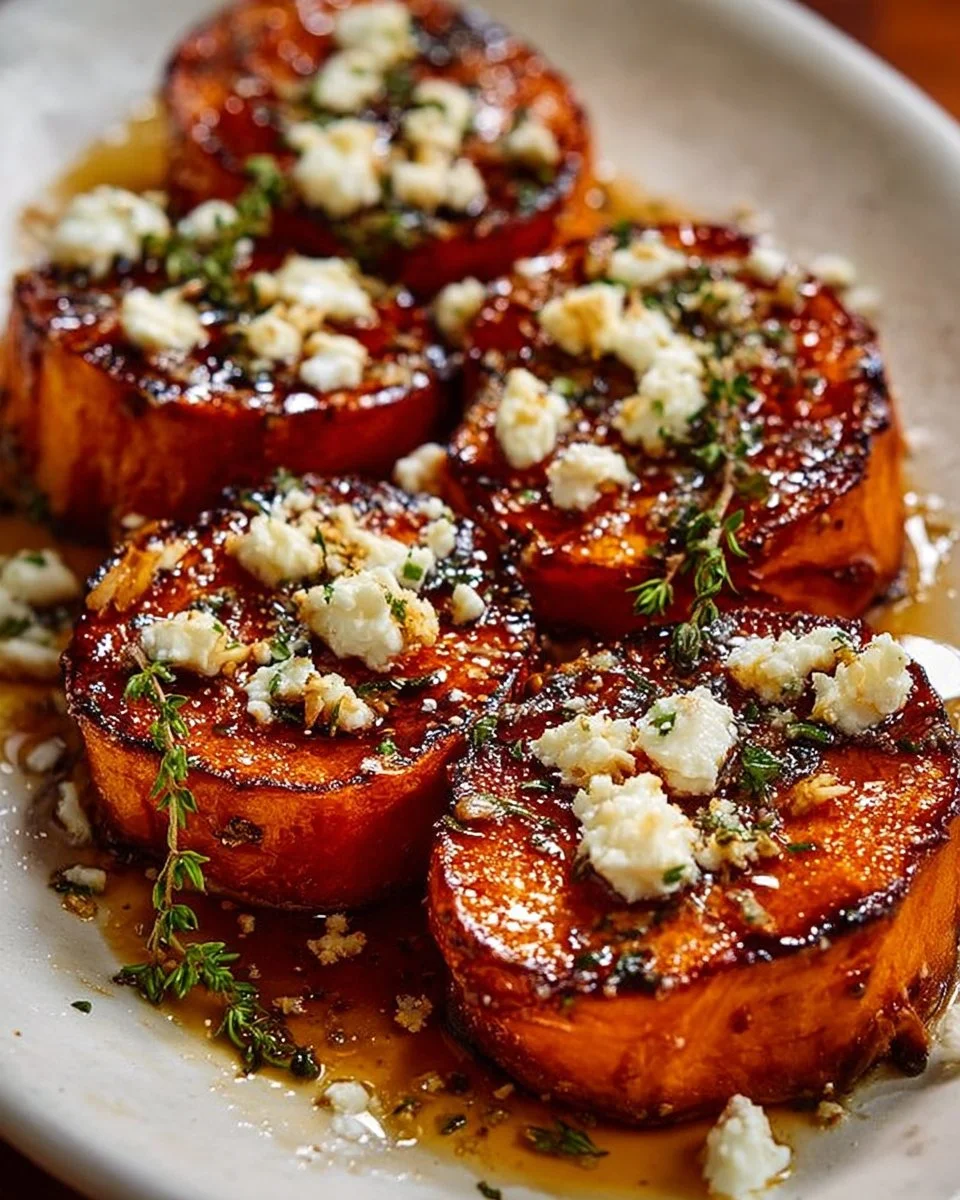 Gourmet honey feta sweet potato rounds served on a platter