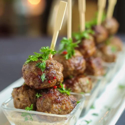 Plate of Greek-inspired meatball appetizers with herbs and dipping sauce