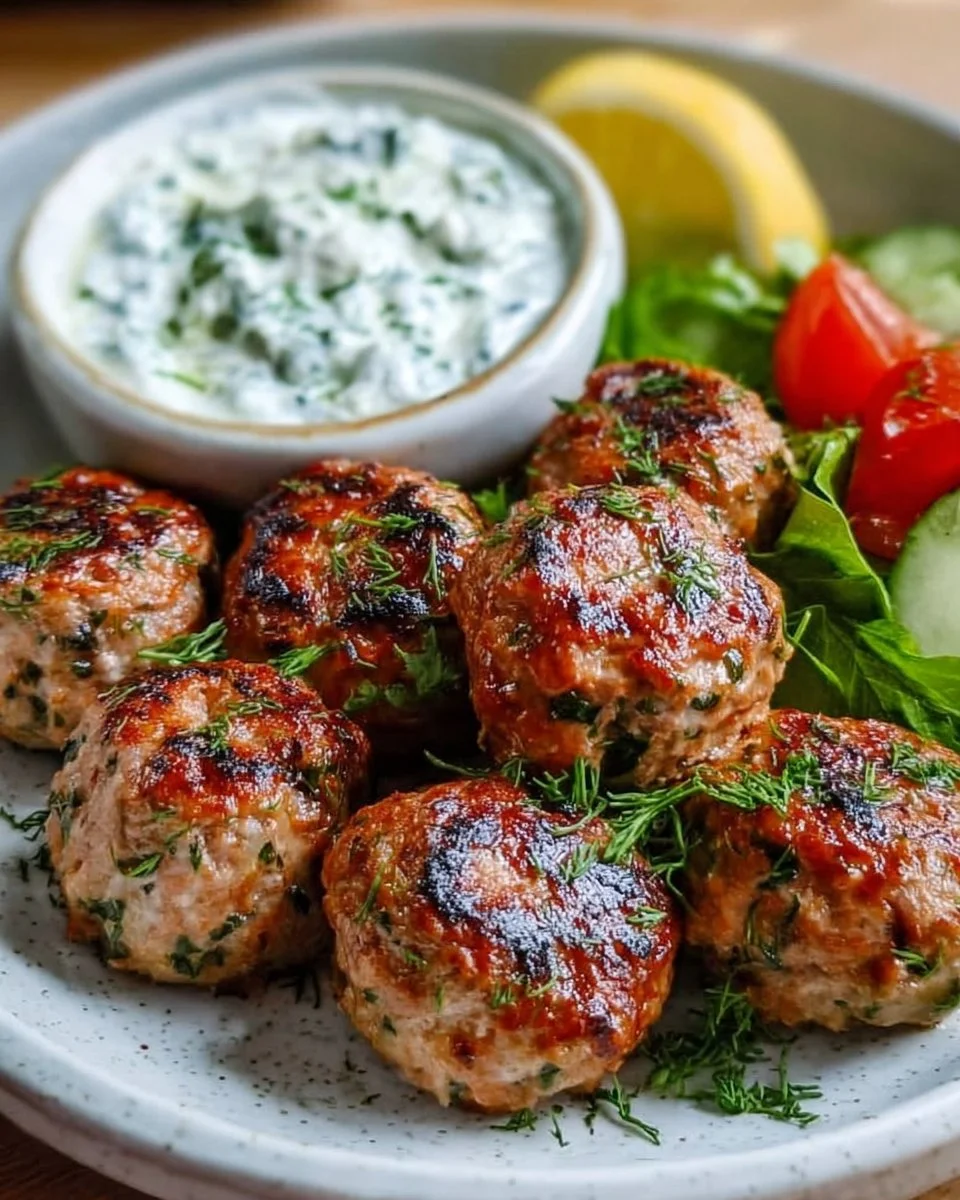 Greek Turkey Meatballs with Tzatziki 1 Greek turkey meatballs with tzatziki sauce on a plate ready to serve