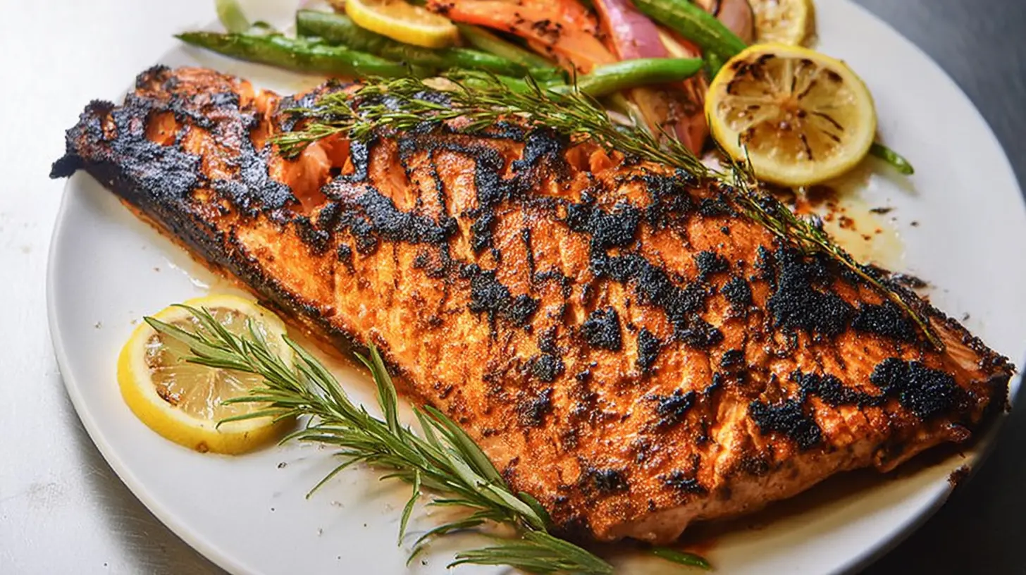 A serving of perfectly grilled salmon with a hint of crispness, embodying grilled salmon bliss.
